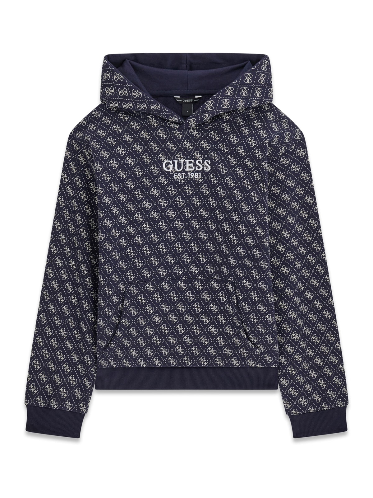 Детско худи в тъмносин цвят с качулка и щампи Guess