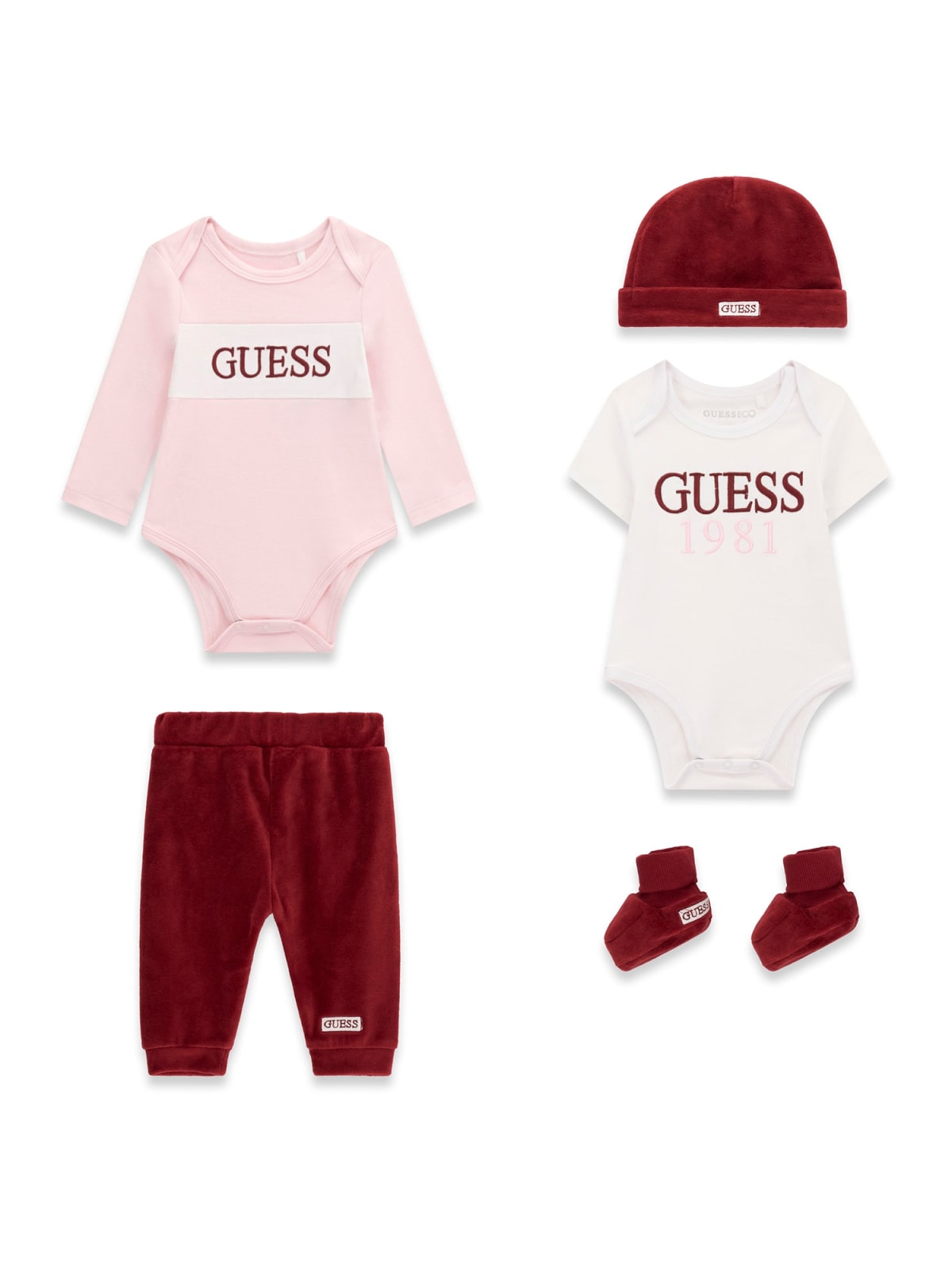 Бебешки памучен подаръчен комплект от пет части в цвят бордо Guess