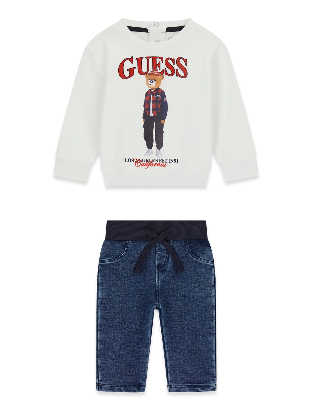Бебешки комплект от дънки и блуза в бял цвят с щампа мече Guess
