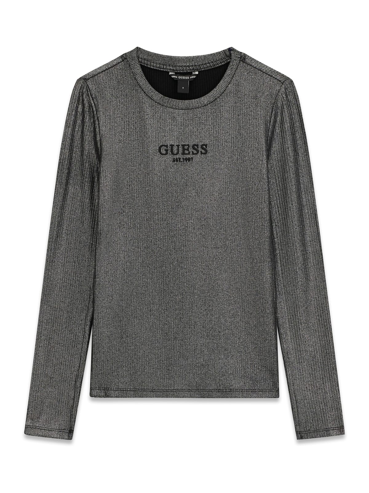 Детска рипсена блуза в цвят графит с бляскав акцент и лого Guess