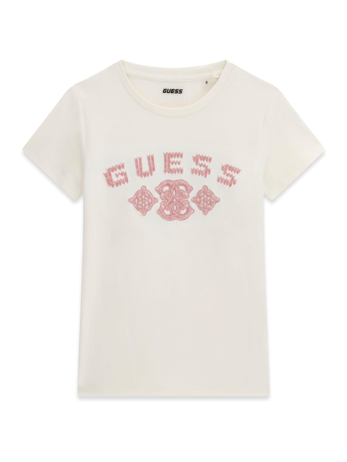 Детска тениска в цвят екрю с бродирано розово лого Guess