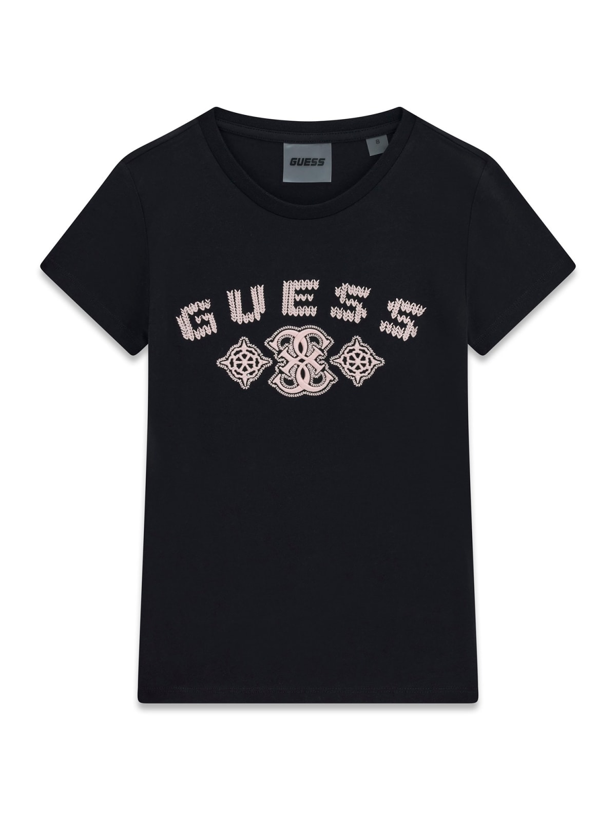 Детска тениска в черен цвят с бродирано розово лого Guess