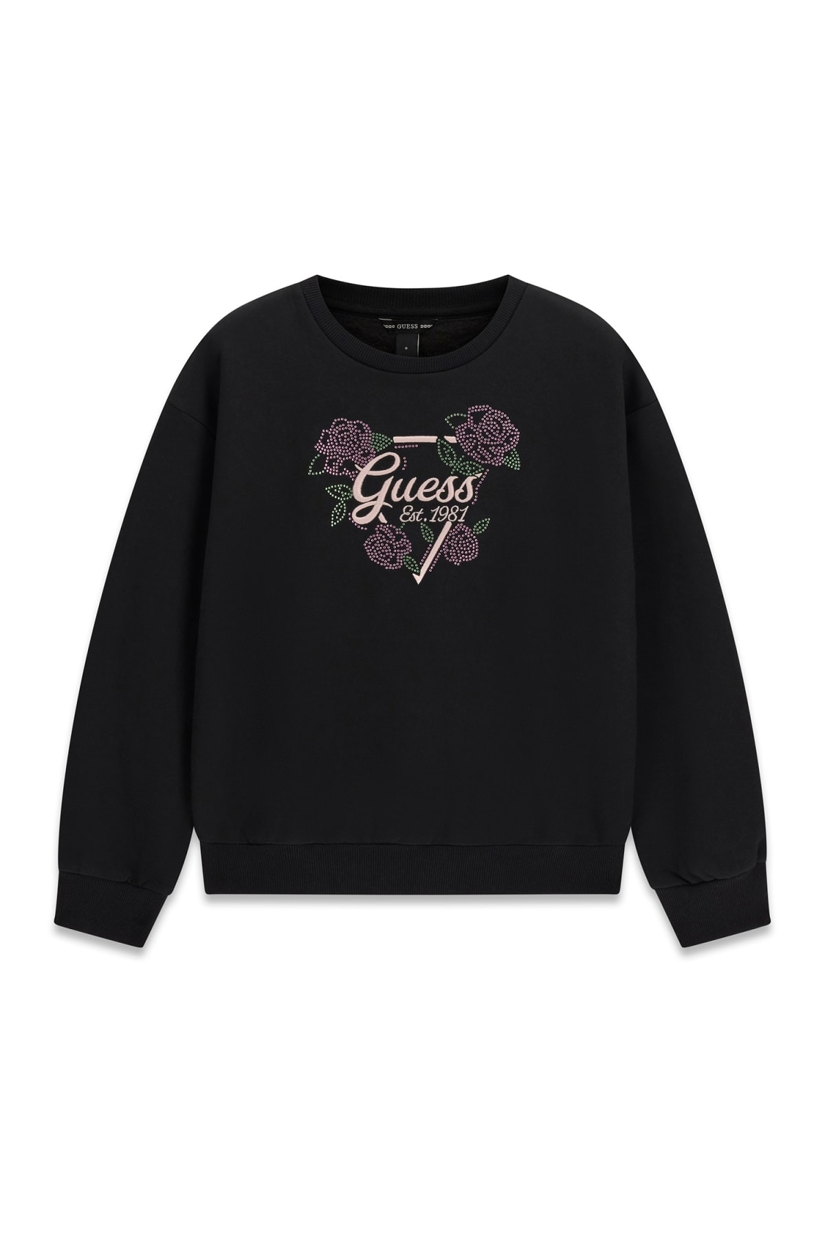Детска плътна блуза в черен цвят с бродирано лого и камъни Guess