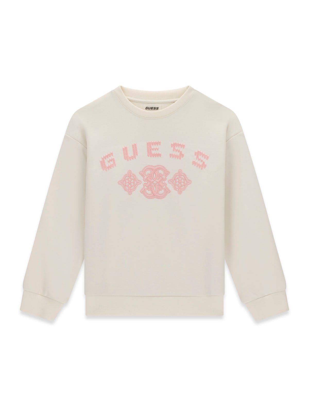 Детска плътна блуза в цвят екрю с бродирано розово лого Guess