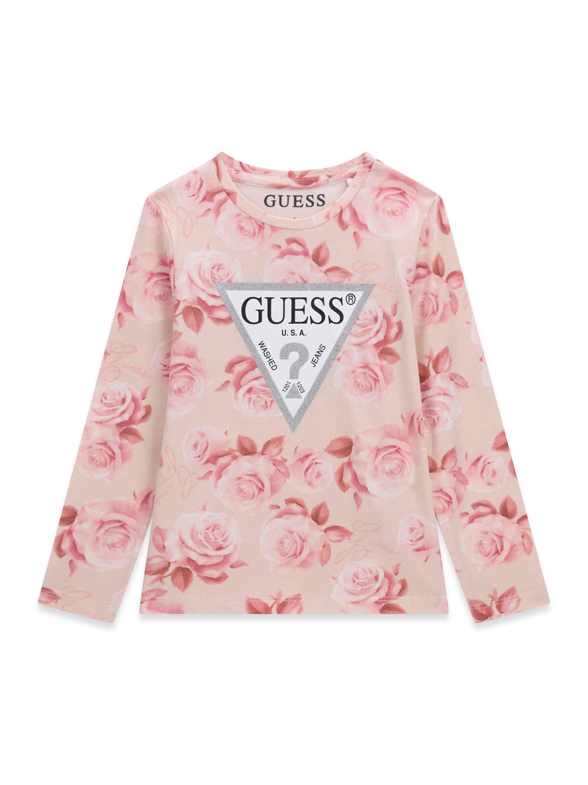 Детска памучна блуза с десен на рози в светлорозов цвят  Guess