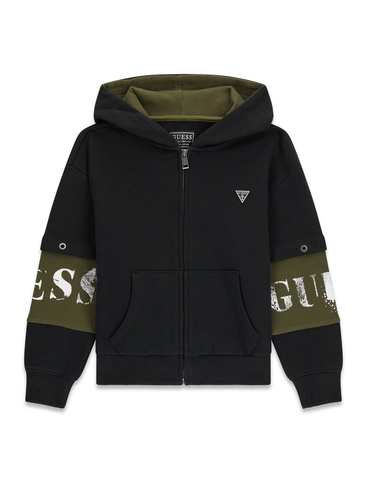 Детска плътна блуза в черен цвят с акцент лого на ръкавите Guess
