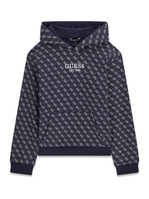 Детско худи в тъмносин цвят с качулка и щампи Guess