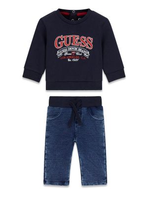Бебешки комплект от дънки и блуза в тъмносин цвят с щампа мече Guess