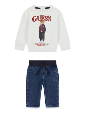 Бебешки комплект от дънки и блуза в бял цвят с щампа мече Guess