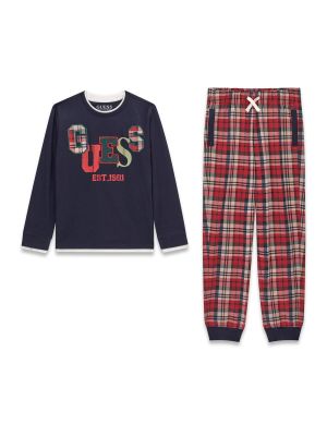 Детска памучна пижама с бродерия и щампа в тъмносин цвят Guess