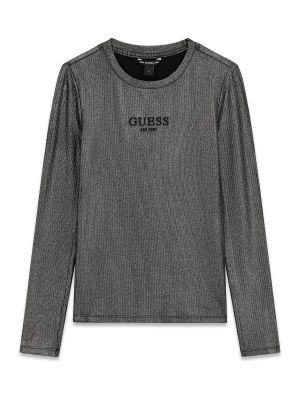 Детска рипсена блуза в цвят графит с бляскав акцент и лого Guess