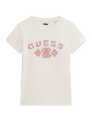 Детска тениска в цвят екрю с бродирано розово лого Guess