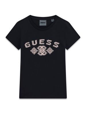 Детска тениска в черен цвят с бродирано розово лого Guess