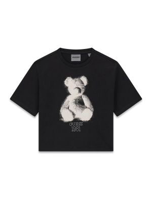 Детска тениска в черен цвят с щампа мече с камъни Guess