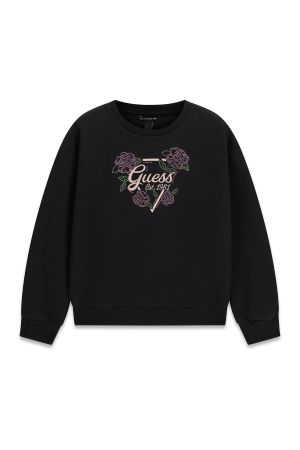 Детска плътна блуза в черен цвят с бродирано лого и камъни Guess