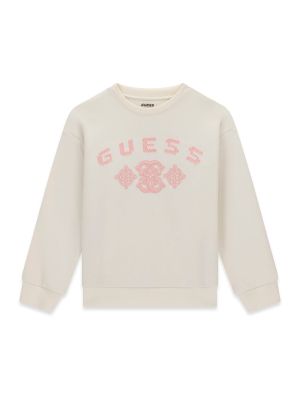 Детска плътна блуза в цвят екрю с бродирано розово лого Guess