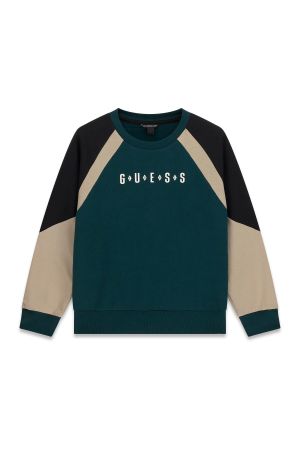 Детска плътна блуза в тъмнозелен цвят с лого Guess