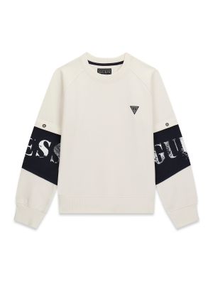 Детска плътна блуза в цвят екрю с акцент лого на ръкавите Guess